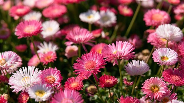 Pink and white daisy flowers blooming in garden close up with yellow centers.