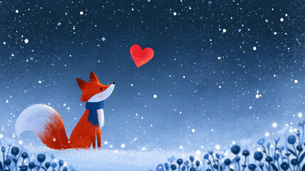 Fototapeta premium Faceless fox lover in a snowing winter starry night with flower scenery, romantic Valentine background, with copy space