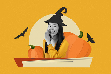 Fototapeta premium Smiling Asian Woman In Her 20s Wearing Witch Hat And Whispering With Hands On Mouth, Surrounded By Pumpkins At Home, Celebrating Halloween Festivities And Joyous Autumn Season.