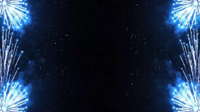 Blue fireworks bursting in a dark night sky with many small white stars and sparkles