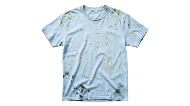 Light blue t-shirt featuring messy grass stains, dirt marks, and food splatters isolated on transparent background
