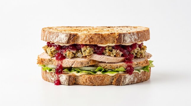 Boxing Day leftover turkey sandwich stacked with stuffing and cranberry sauce on a plain background
