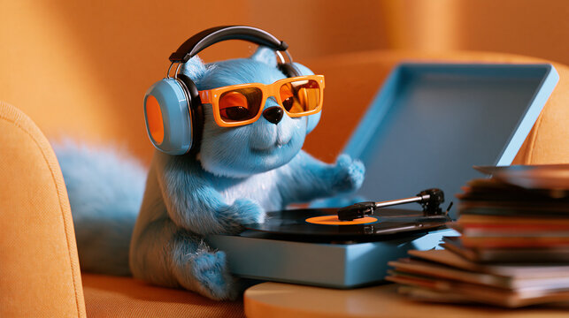 Blue squirrel with headphones and glasses listening to a vinyl record player on an orange armchair, stack of vinyl records on a table, retro music, vinyl revival and audiophile