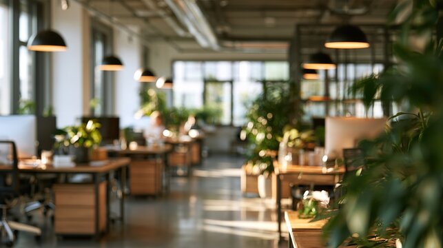 Blurred modern office interior with plants and wooden desks bokeh background.