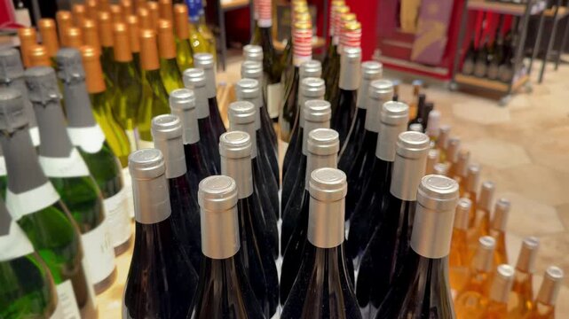 Assorted Alcohol Bottles on Display in Wine Section &ndash; Variety of Wine, Spirits and Liquor on Store Shelves