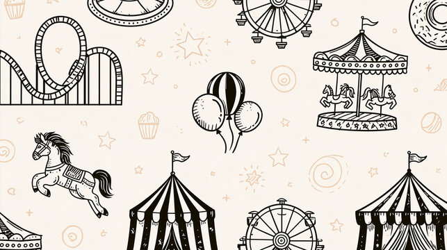 Carnival fun fair doodle with roller coaster, carousel horse, amusement park line art, circus tent pattern and hand-drawn festival icons, with copy space