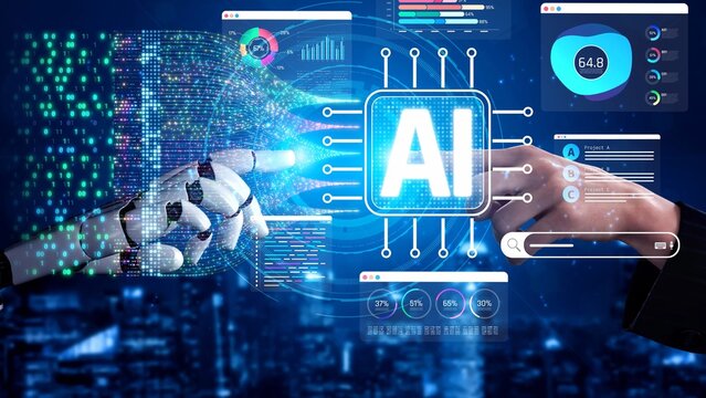 Digital Interaction Between Human and Robot Hand with AI Symbol in a Futuristic Environment Featuring Data Visualization and Technology Concepts Sigmoid