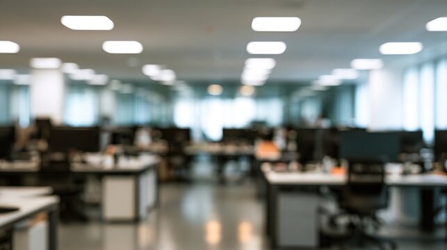 Blurred modern office interior background with desks and bokeh lights.