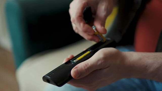 Close-up of male hands opening back cover of TV remote to change batteries