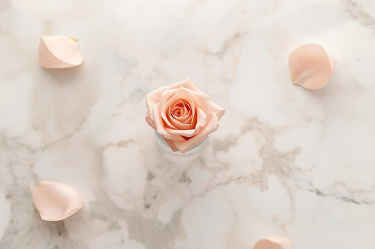 Single peach rose in glass on white marble with petals