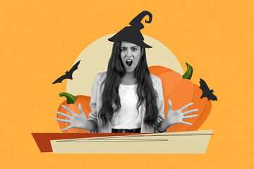Fototapeta premium Angry Young Caucasian Woman With Long Hair Wearing Witch Hat, Making Gestures With Hands During Halloween Celebration At Party, Showing Emotion And Excitement In Festive Atmosphere.