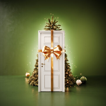 Entrance door with Christmas tree behind. Christmas is here. Gift concept. 3D Rendering, 3D Illustration
