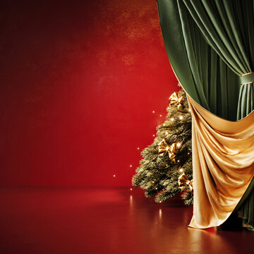 Christmas greeting card design with copy space. Green velvet stage curtains with Christmas tree on red background. 3D Rendering, 3D Illustration