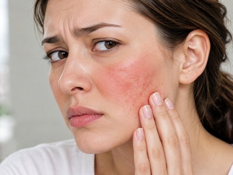A woman gently touches her reddened cheek in a striking close-up for sensitive skin and skincare campaigns. Concept of caring for sensitive skin.