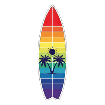 Colorful surfboard with tropical palm trees and sun