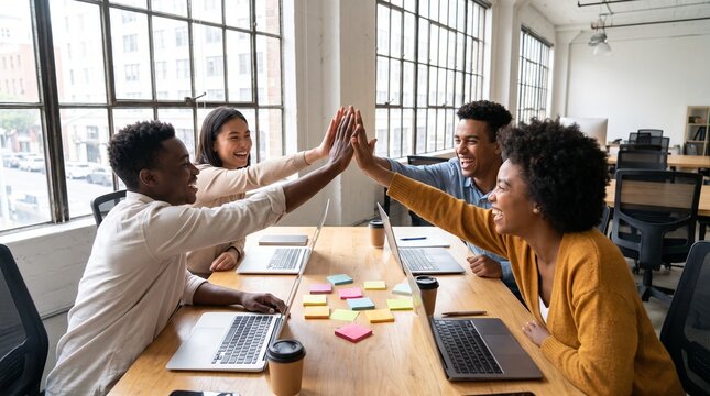 Diverse team high-fiving around table in modern office