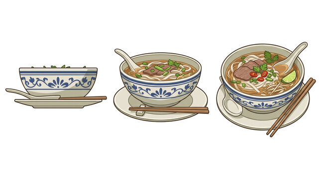Vietnamese pho noodle soup. Traditional Vietnamese pho noodle soup bowl with herbs vector illustration isolated on transparent background for asian cuisine and street food menu