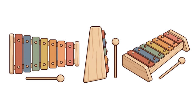 Colorful toy xylophone. Wooden colorful toy xylophone with mallets vector illustration isolated on transparent background for kids musical education and toddler toys