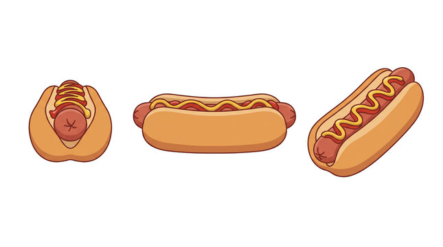 Classic hot dog fast food. Delicious grilled hot dog sausage in bun vector illustration isolated on transparent background for fast food menu and street food snacks
