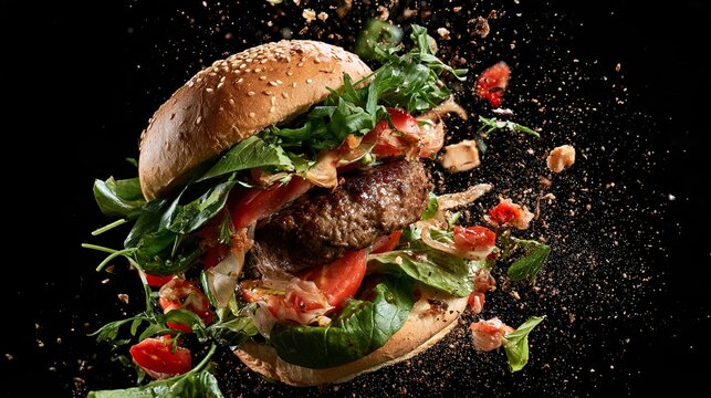 Exploding hamburger with fresh vegetables and sesame bun flying apart in mid air on black background.