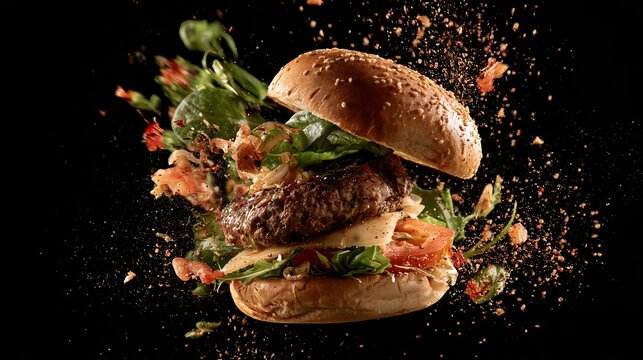 Exploding hamburger with fresh vegetables and sesame bun flying apart in mid air on black background.