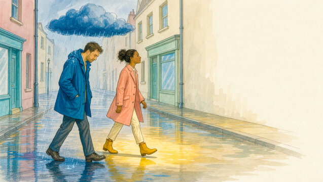 Overthinking concept, man with rain cloud walking beside calm woman. Copy space