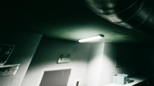 Shadows dance in a tucked away room, illuminated by a flickering fluorescent light. Industrial features blend with a mysterious ambiance, creating an intriguing atmosphere for discovery.