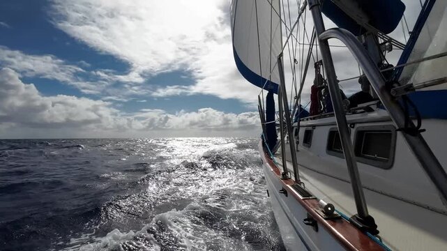 Sailing yacht navigating through rough open sea, with powerful waves, sparkling sunlight and dramatic clouds, capturing the thrill of offshore sailing and maritime adventure.