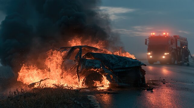 Burning car on road with fire truck emergency response.