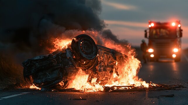 Burning car on road with fire truck emergency response.