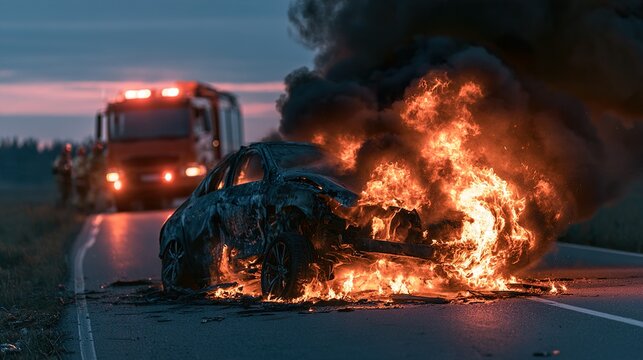 Burning car on road with fire truck emergency response.