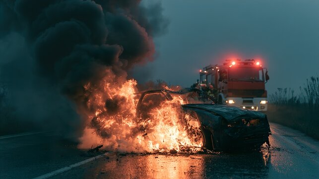 Burning car on road with fire truck emergency response.