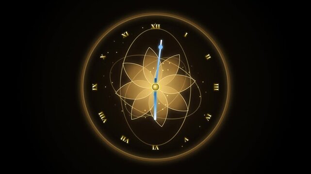Golden abstract clock face with rotating floral mandala animation, luxury time concept background