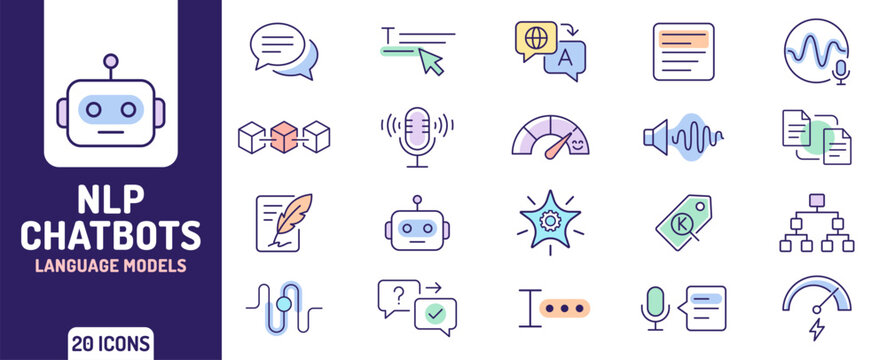 NLP Icon Set, and Natural Language Processing and Chatbots Icon Set for Language Models, Voice Recognition and AI Translation