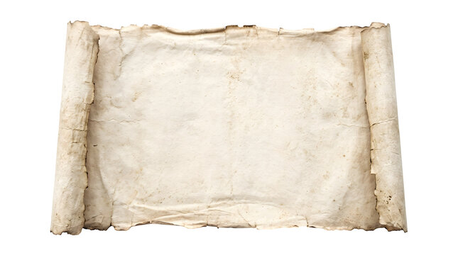Old vintage rolled parchment paper sheet with aged texture spots and rough edges isolated for historical design project or ancient manuscript template transparent png