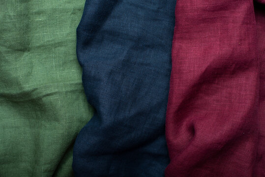Layered Green Navy and Burgundy Linen Fabrics Texture