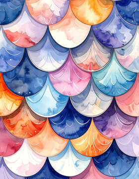 Abstract watercolor fish scales pattern with vibrant colorful overlapping semi-circle shapes in blue purple pink and orange
