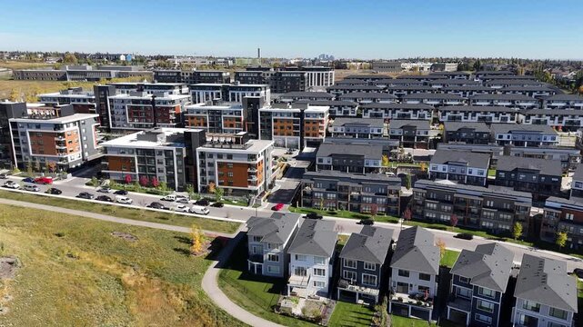 Aerial view of suburban high density houses in autumn along colourful ravines.