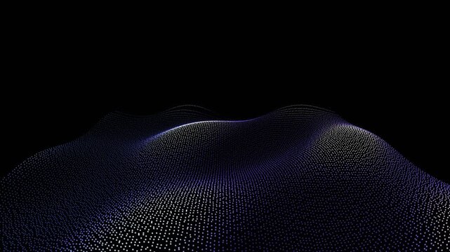 Futuristic blue particle waves background displaying digital dataflow motion with glowing dot grid surface in dark space