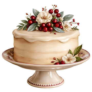 Illustration of vintage Christmas pedestal platter with white wedding cake, isolated on white or transparent background