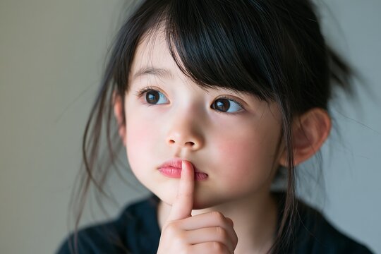 指を口に当ててひそかに見つめる幼い女の子のクローズアップ