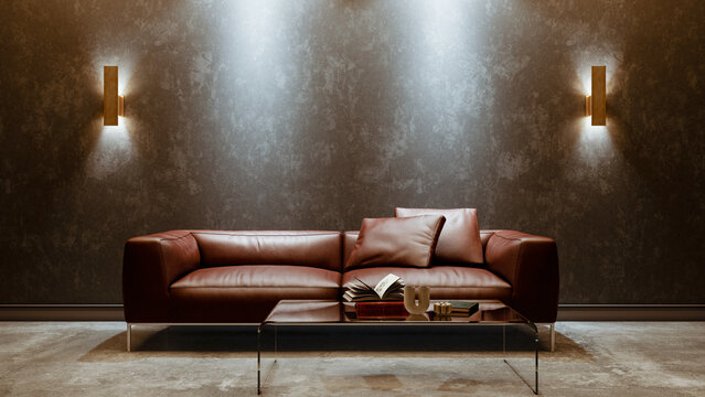 Cozy living room interior with brown leather couch, pillows, coffee table and dark textured wall.