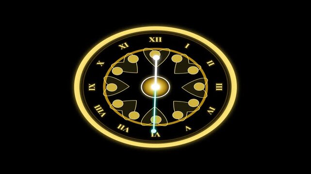 Golden roman numeral clock with heart pattern, glowing abstract time concept animation on black background