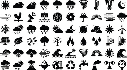 Fototapeta premium Weather Icons Set with Sun, Clouds, Rain, Snow, Wind, and Temperature Symbols Featuring Forecast, Meteorological