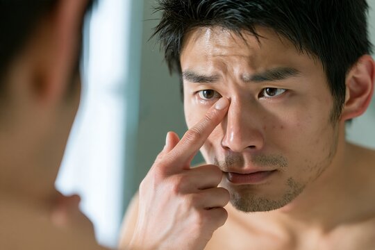 鏡で目元のクマや肌の衰えに真剣な表情で悩む日本人男性