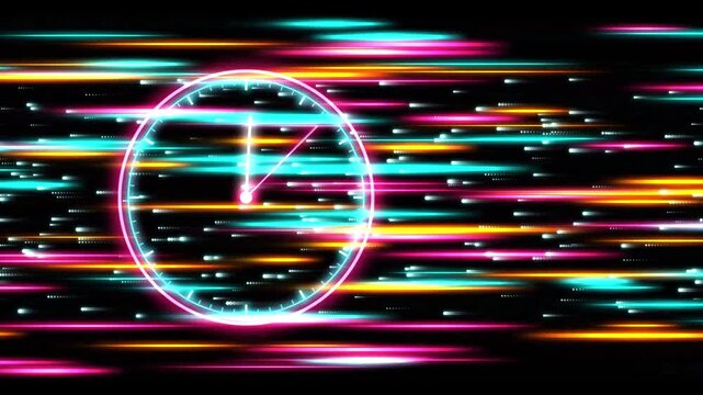 Neon clock face with high-speed light streaks, abstract time concept background, motion