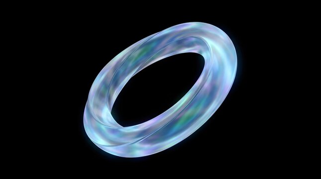 Twisted glowing metallic mobius ring graphic illustration with iridescent holographic colors and shiny reflections isolated on black