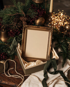 Christmas decorations with blank empty gold frame mock up in box