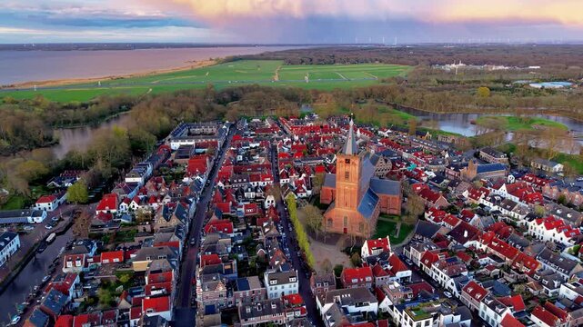 High-angle aerial drone view of historic fortified star fort town Naarden in North Holland with Grote Kerk church tower, red roof houses, moat waterways, and Gooimeer lake at sunset