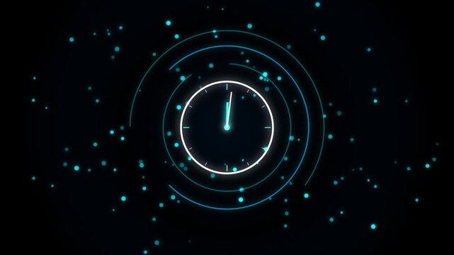 Neon digital clock interface with floating particles, futuristic time concept, hud motion background